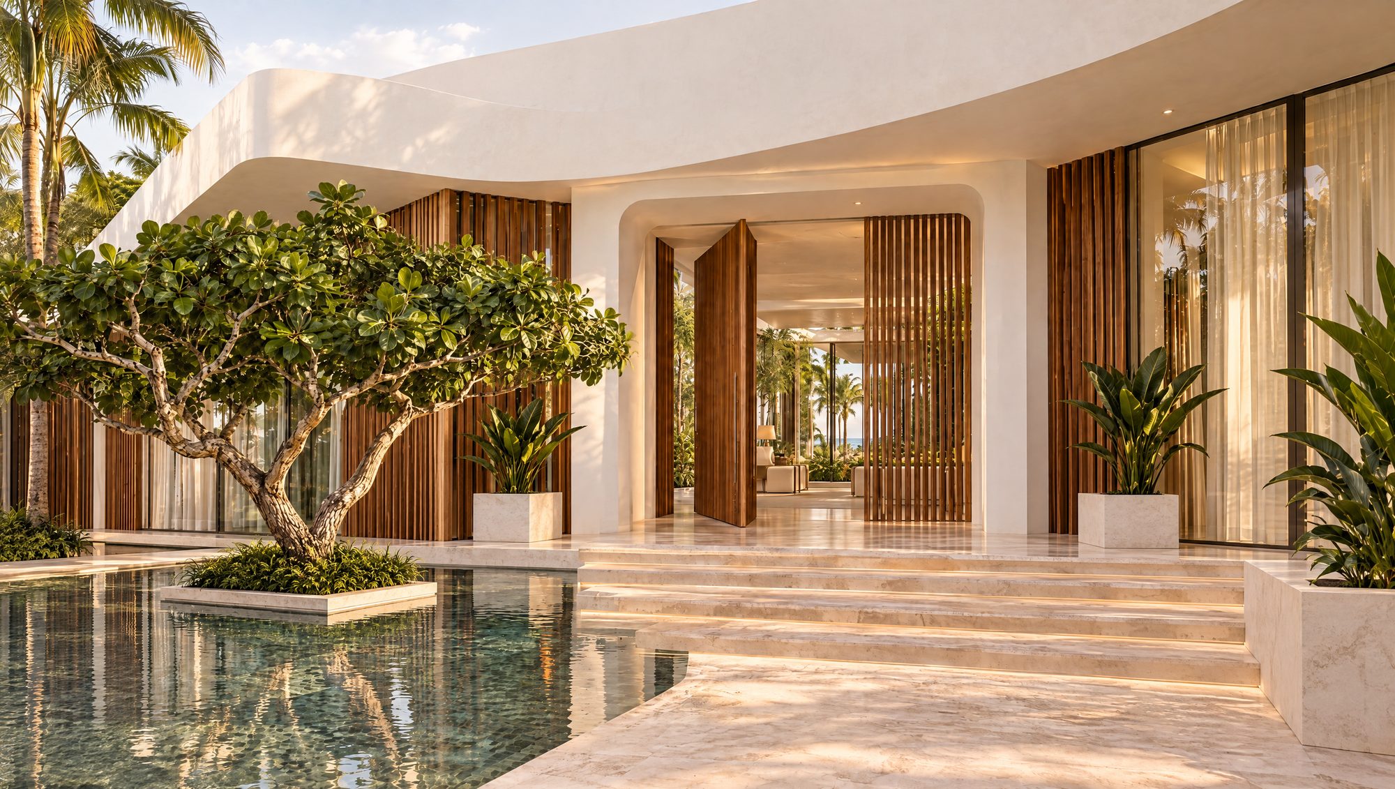 Conceptual arrival portal with a wooden door, reflecting pool and tropical planting