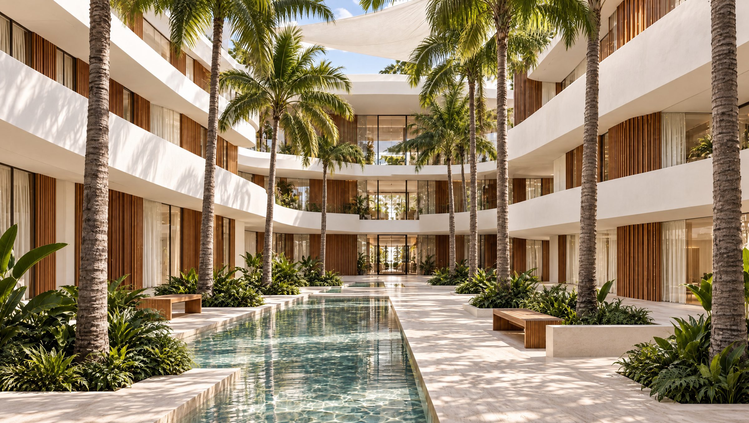 Conceptual courtyard with palms, reflecting pool and curved balconies