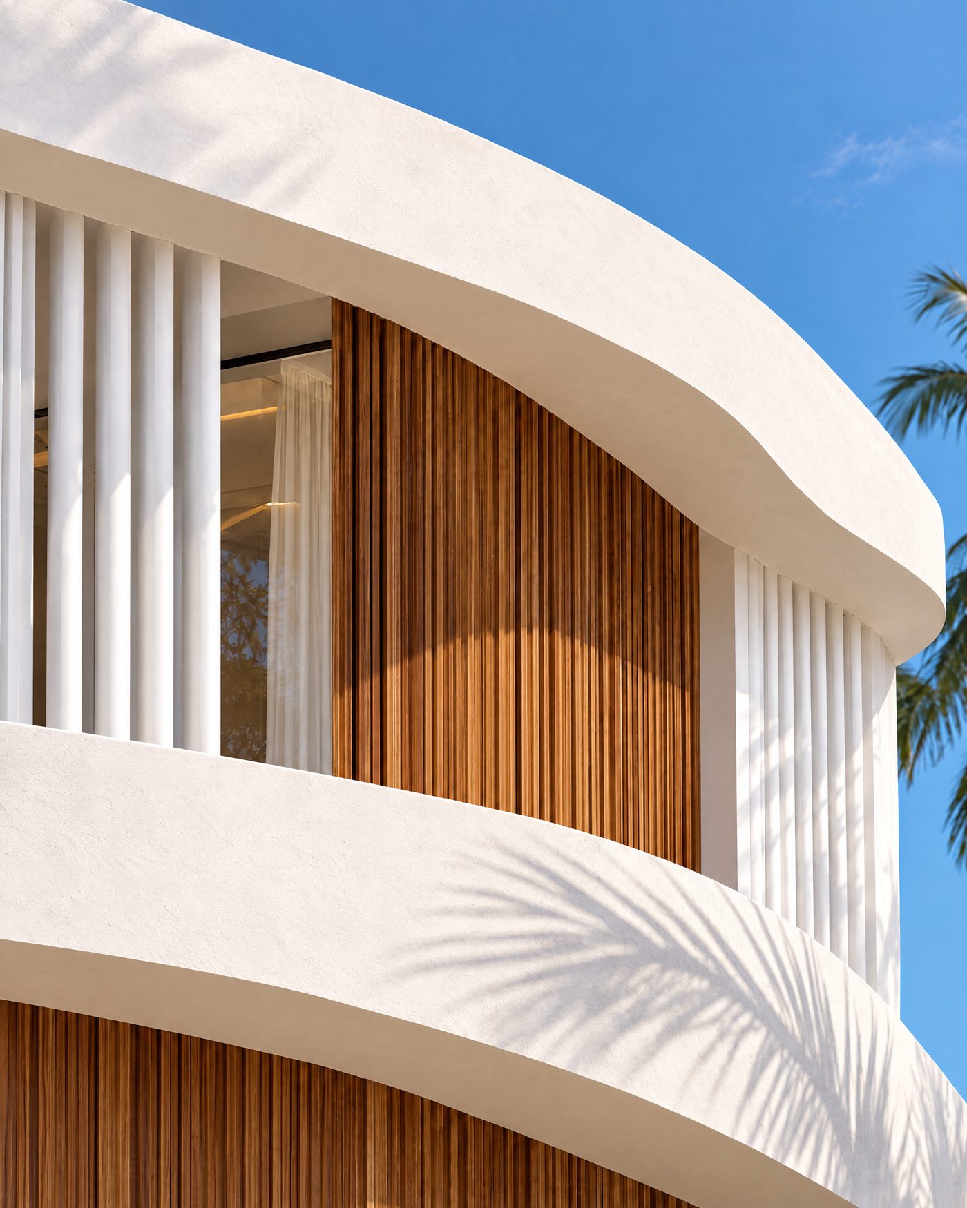 Conceptual detail of a curved white balcony with wood screen