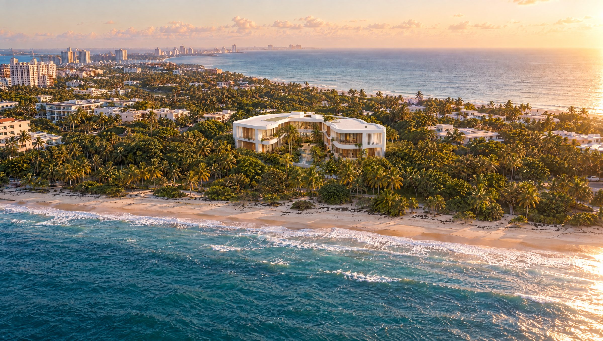 Conceptual aerial view of sculptural white residences near the Isla Verde shoreline
