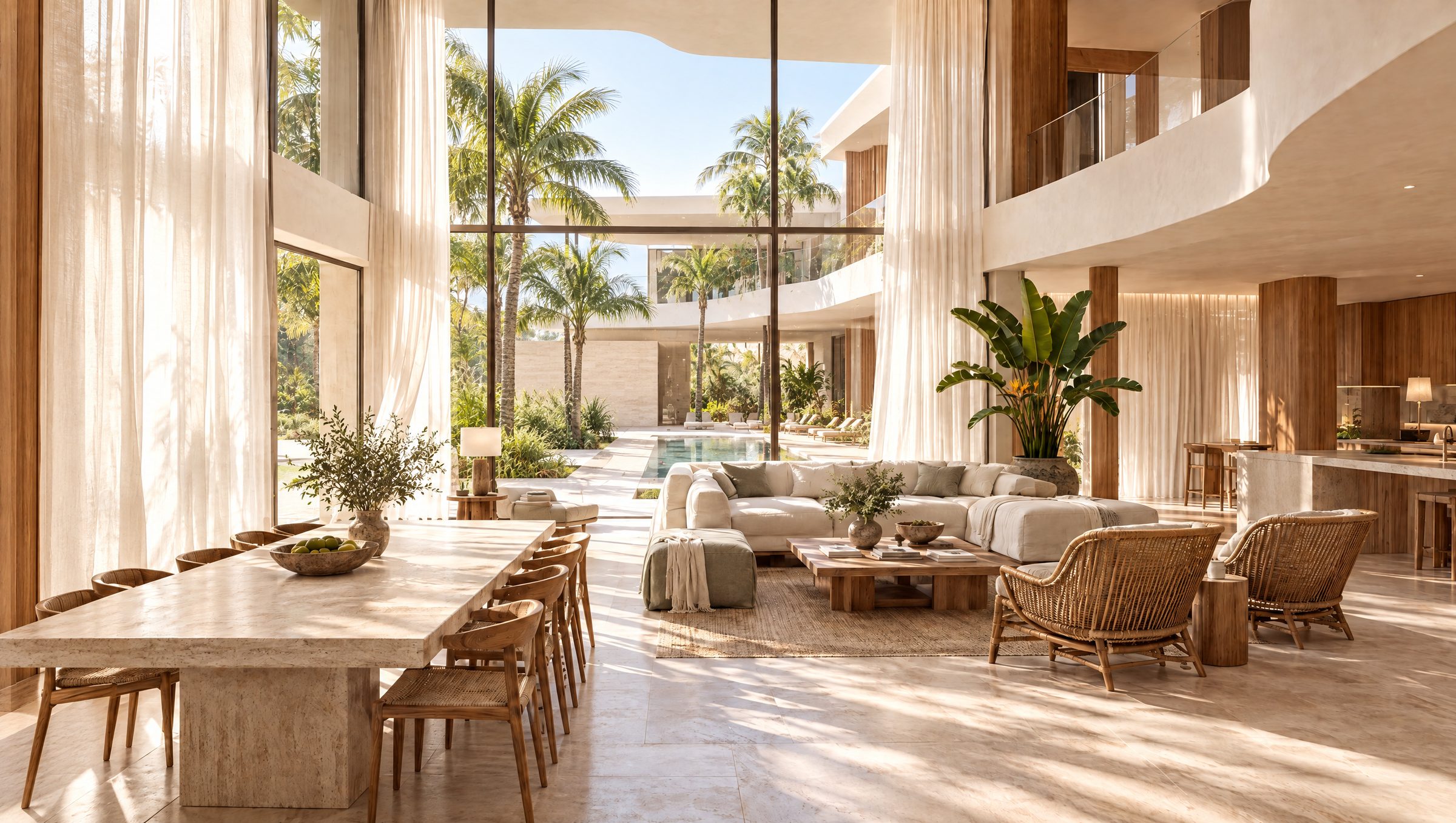 Conceptual double-height living room opening to the courtyard