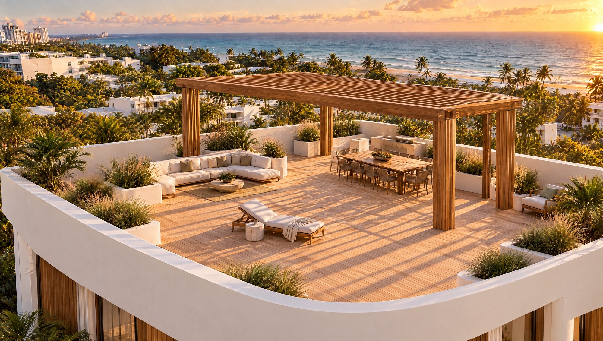 Conceptual rooftop garden terrace at sunset